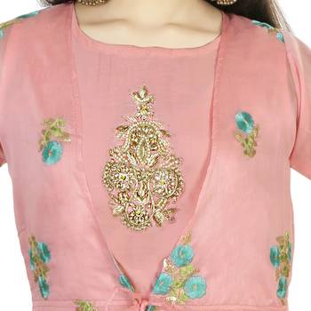 Pink Embroidred Chanderi With Zardosi Handwork In A Jacket Syle Gown 4