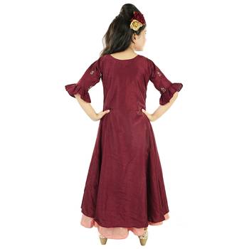 Coffee And Peach Dola Silk Dual Colored With Zardosi Handwork In A Gown 3