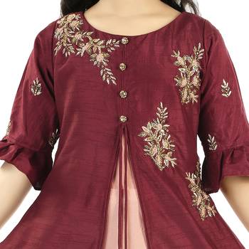 Coffee And Peach Dola Silk Dual Colored With Zardosi Handwork In A Gown 4