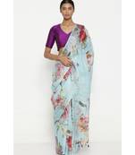Turquoise Floral Print Linen Saree