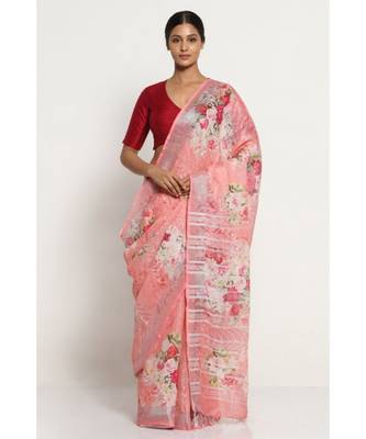 Pink Floral Print Linen Saree 1