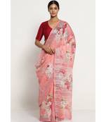 Pink Floral Print Linen Saree