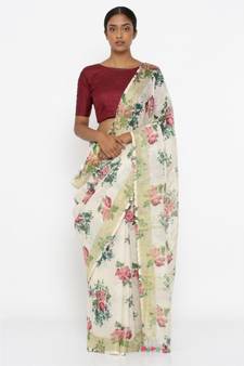 White Floral Print Linen Saree