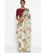 White Floral Print Linen Saree