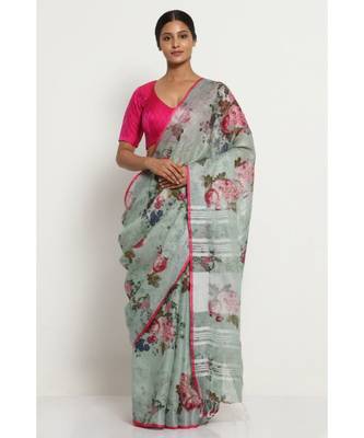 Grey Floral Print Linen Saree 1