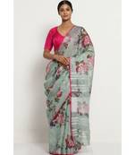 Grey Floral Print Linen Saree