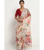 Peach Floral Print Linen Saree