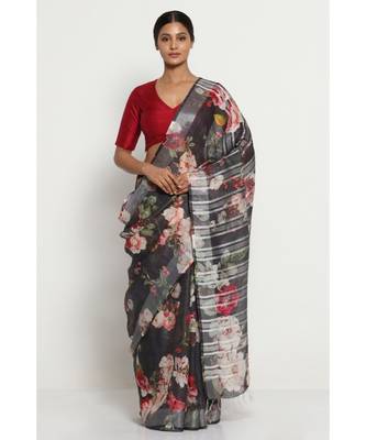 Black Floral Print Linen Saree 1