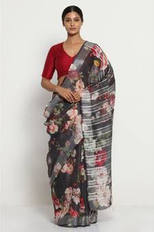 Black Floral Print Linen Saree