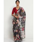 Black Floral Print Linen Saree