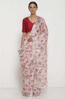 White Floral Print Linen Saree