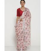 White Floral Print Linen Saree