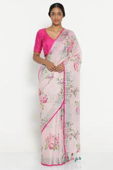 Pink Floral Print Linen Saree