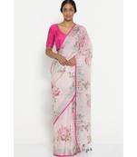 Pink Floral Print Linen Saree