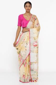 Yellow Floral Print Linen Saree