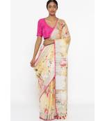 Yellow Floral Print Linen Saree