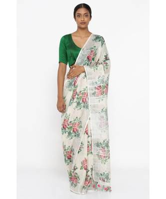 White Floral Print Linen Saree 1