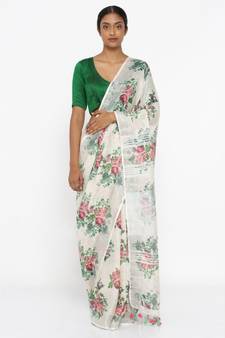 White Floral Print Linen Saree