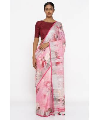 Pink Floral Print Linen Saree 1