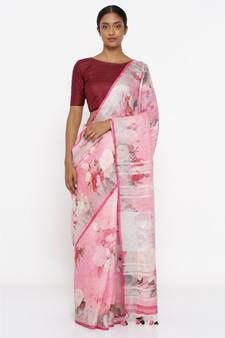 Pink Floral Print Linen Saree