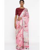 Pink Floral Print Linen Saree