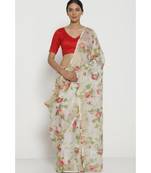 White Floral Print Linen Saree