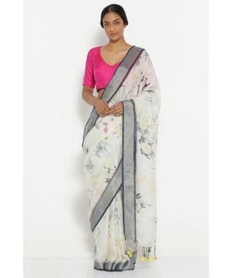 White Floral Print Linen Saree 1