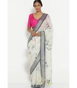 White Floral Print Linen Saree