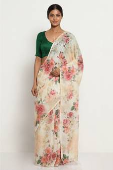 Cream Floral Print Linen Saree