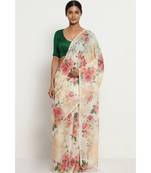 Cream Floral Print Linen Saree