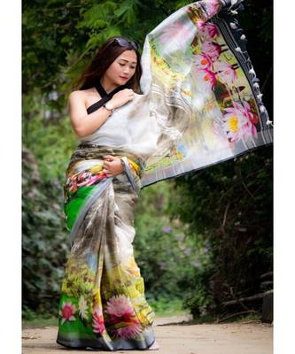 Multicolor Floral Print Linen Saree 1