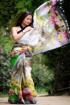 Multicolor Floral Print Linen Saree