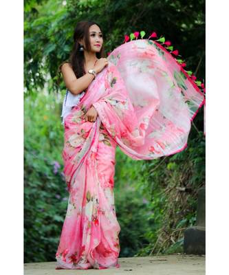 Pink Floral Print Linen Saree 1