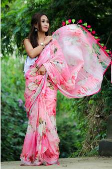 Pink Floral Print Linen Saree