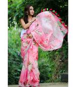 Pink Floral Print Linen Saree