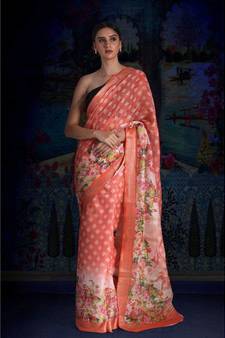 Orange Floral Print Linen Saree