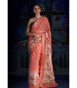 Orange Floral Print Linen Saree