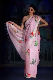 Pink Floral Print Linen Saree