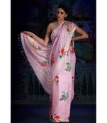 Pink Floral Print Linen Saree