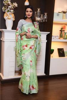 Green Floral Print Linen Saree