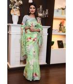 Green Floral Print Linen Saree