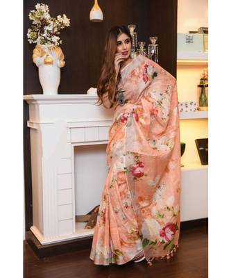 Orange Floral Print Linen Saree 1