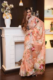 Orange Floral Print Linen Saree
