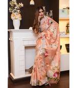 Orange Floral Print Linen Saree