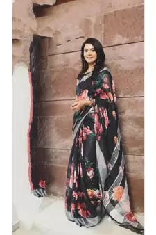 Black Floral Print Linen Saree