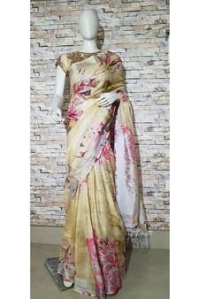 Yellow Floral Print Linen Saree