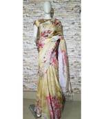 Yellow Floral Print Linen Saree