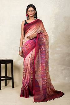 Multicolor Floral Print Linen Saree