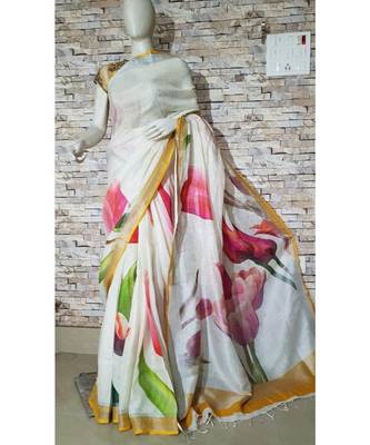 White Floral Print Linen Saree 1