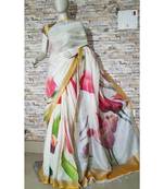 White Floral Print Linen Saree
